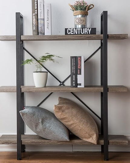 HSH 3-Shelf Bookcase, Rustic Gray 3 tier Bookshelf, Vintage Industrial Wooden and Metal Display and Storage Bookshelves Tower for Home Office Livingroom Bedroom Light Grey Oak - LeafyLoom