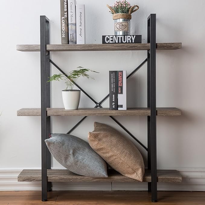 HSH 3-Shelf Bookcase, Rustic Gray 3 tier Bookshelf, Vintage Industrial Wooden and Metal Display and Storage Bookshelves Tower for Home Office Livingroom Bedroom Light Grey Oak - LeafyLoom