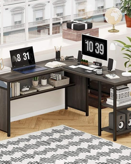FATORRI L Shaped Computer Desk, Industrial Home Office Desk with Shelves, Reversible Wood and Metal Corner Desk (Walnut Brown, 59 Inch) - LeafyLoom