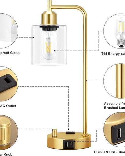 Industrial Table Lamps for Bedroom Set of 2 - Fully Dimmable Bedside Lamps with USB Ports and Outlet, Gold Nightstand Lamps with Clear Glass Shade for Living Room, Desk Lamps for Office Reading - LeafyLoom
