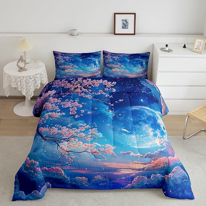 Manfei Cherry Blossoms Comforter Set King Size,Moonnight Cloud Starry Sky Bedding Set,Girls Women Room Decor,Sakura Flowers Chinese Style Down Comforter,Pink Blue Romantic Duvet Insert,2 Pillowcases - LeafyLoom