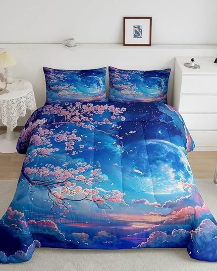 Manfei Cherry Blossoms Comforter Set Queen Size,Moonnight Cloud Starry Sky Bedding Set,Girls Women Room Decor,Sakura Flowers Chinese Style Down Comforter,Pink Blue Romantic Duvet Insert,2 Pillowcases - LeafyLoom
