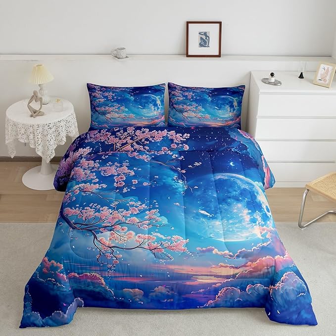 Manfei Cherry Blossoms Comforter Set Full Size,Moonnight Cloud Starry Sky Bedding Set,Girls Women Room Decor,Sakura Flowers Chinese Style Down Comforter,Pink Blue Romantic Duvet Insert,2 Pillowcases - LeafyLoom