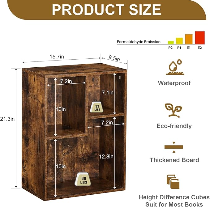 VECELO Small Bookshelf, 3 Cube Shelf, Fits Tallest Hardcovers, Horizontal Available, Short Bookcase for Small Spaces, Vintage Brown - LeafyLoom