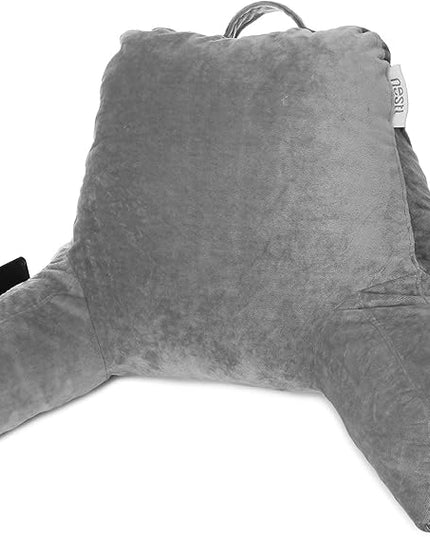 Nestl Reading Pillow with Portable Laptop Lap Desk, Velvet Feel Back Pillow for Sitting in Bed, Shredded Memory Foam Back Support Pillow for Bed, Bed Rest Pillow with Arms, Standard - Gray - LeafyLoom