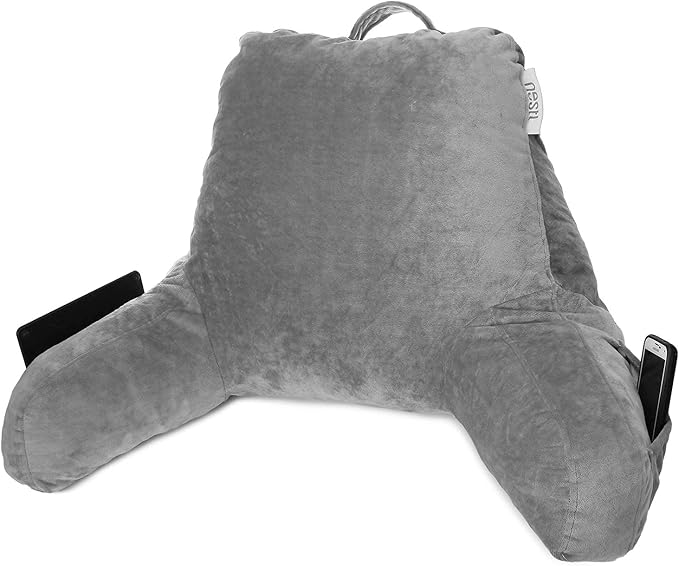 Nestl Reading Pillow with Portable Laptop Lap Desk, Velvet Feel Back Pillow for Sitting in Bed, Shredded Memory Foam Back Support Pillow for Bed, Bed Rest Pillow with Arms, Standard - Gray - LeafyLoom