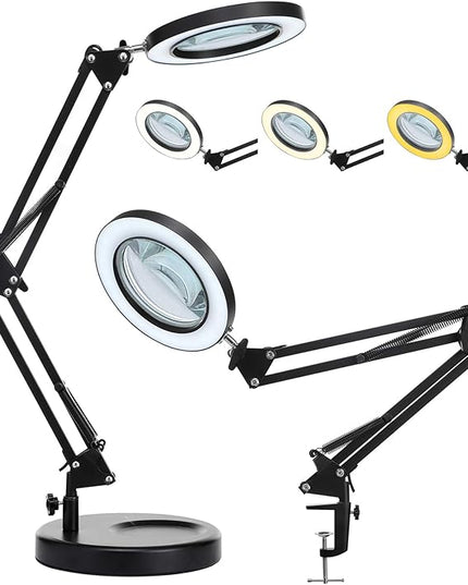 5X Magnifying Glass with Light and Stand, KIRKAS 2-in-1 Real Glass Lens Magnifying Desk Lamp with Clamp, 3 Color Modes, Stepless Dimmable Magnifier Light for Close Work Repair Reading Crafts- Black - LeafyLoom