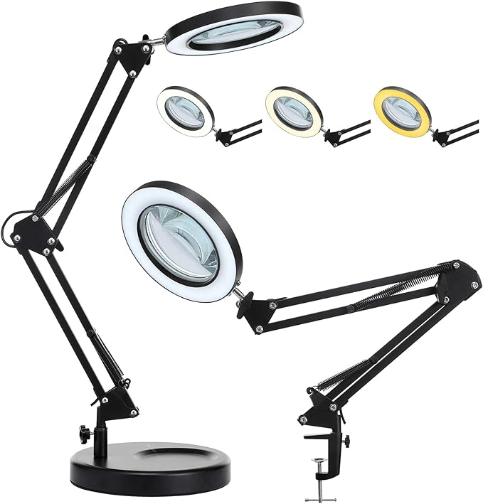 5X Magnifying Glass with Light and Stand, KIRKAS 2-in-1 Real Glass Lens Magnifying Desk Lamp with Clamp, 3 Color Modes, Stepless Dimmable Magnifier Light for Close Work Repair Reading Crafts- Black - LeafyLoom