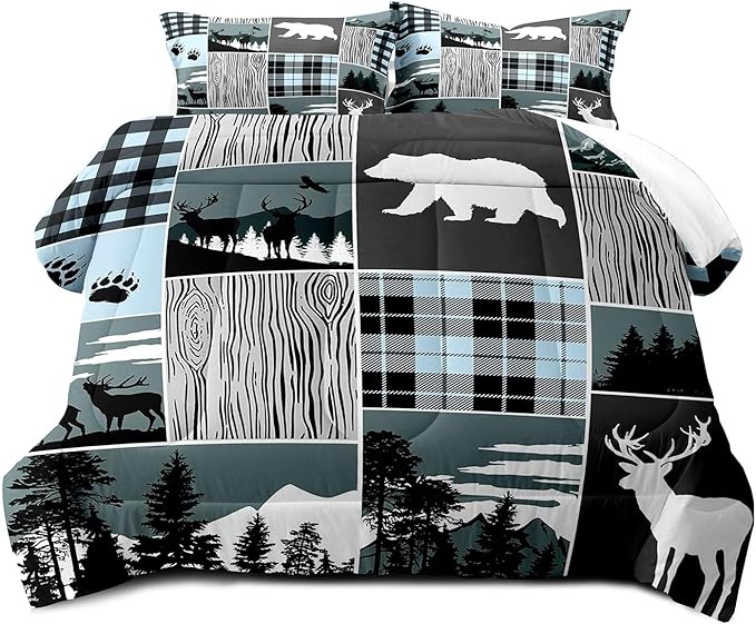 LUVIVIHOME 3PCS Bear Deer Comforter Set Full Size, Elk Moose Woodland Forest Animal Wildlife Hunting Country Lodge Rustic Farmhouse Cabin Bedding, Black & Blue Plaid Patchwork Quilt, 2 Pillow Cases - LeafyLoom