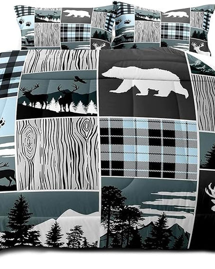 LUVIVIHOME 3PCS Bear Deer Comforter Set Queen Size, Elk Moose Woodland Forest Animal Wildlife Hunting Country Lodge Rustic Farmhouse Cabin Bedding, Black & Blue Plaid Patchwork Quilt, 2 Pillow Cases - LeafyLoom