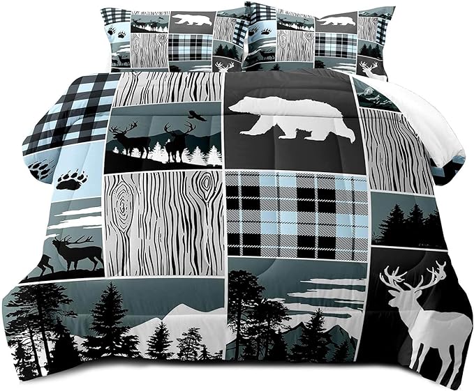 LUVIVIHOME 3PCS Bear Deer Comforter Set Queen Size, Elk Moose Woodland Forest Animal Wildlife Hunting Country Lodge Rustic Farmhouse Cabin Bedding, Black & Blue Plaid Patchwork Quilt, 2 Pillow Cases - LeafyLoom