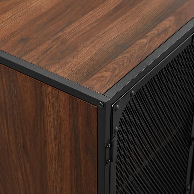 Walker Edison Malcomb Urban Industrial 4 Door Metal Mesh TV Console for TVs up to 65 Inches, 60 Inch, Dark Walnut - LeafyLoom