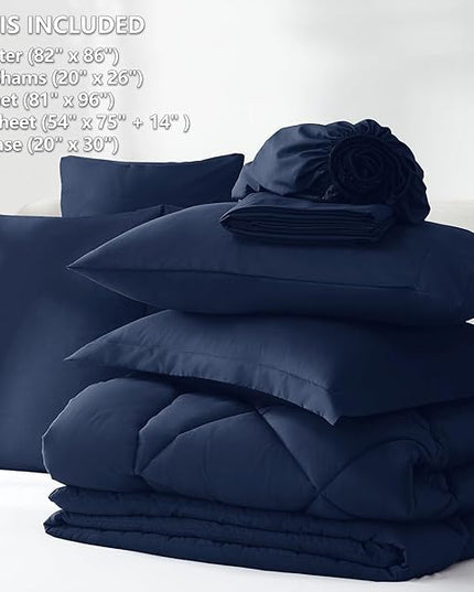 CozyLux Full Comforter Set with Sheets 7 Pieces Bed in a Bag Navy Blue All Season Bedding Sets with Comforter, Pillow Shams, Flat Sheet, Fitted Sheet and Pillowcases - LeafyLoom