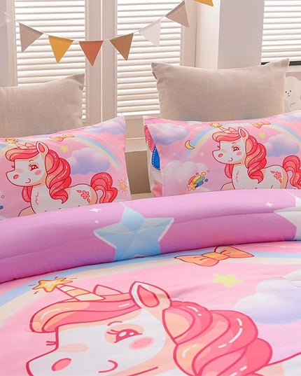 Aimuan Girls Unicorn Comforter Set 3 Pieces Pink Purple Bedding Set with Rainbow Star Galaxy Stars Fantasy Children Room Decor Soft Reversible Bed Sets for Boys/Girls/Teens (Pink Full3Pcs) - LeafyLoom