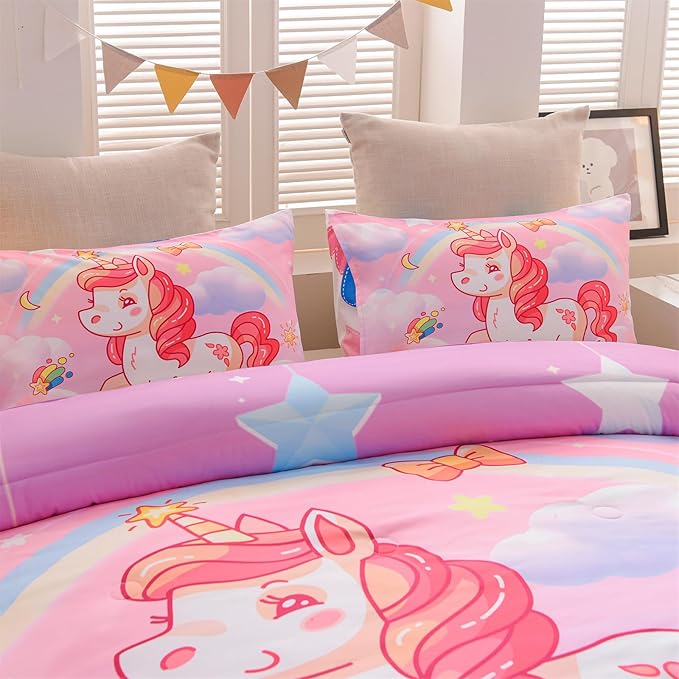 Aimuan Girls Unicorn Comforter Set 3 Pieces Pink Purple Bedding Set with Rainbow Star Galaxy Stars Fantasy Children Room Decor Soft Reversible Bed Sets for Boys/Girls/Teens (Pink Full3Pcs) - LeafyLoom