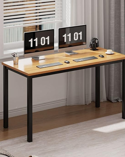 Need 55 Inch Large Computer Desk - Modern Simple Style Home Office Gaming Desk, Basic Writing Table for Study Student, Black Metal Frame, Teak - LeafyLoom