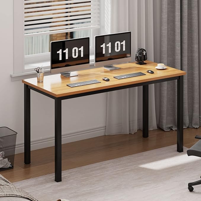 Need 55 Inch Large Computer Desk - Modern Simple Style Home Office Gaming Desk, Basic Writing Table for Study Student, Black Metal Frame, Teak - LeafyLoom