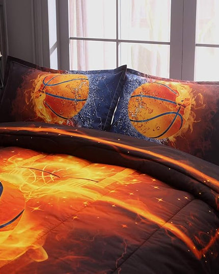 Btargot Twin Basketball and Fire Quilt Set Bedding Sets, 3D Sports Themed Bedding, All-Season Reversible Quilted Duvet, for Children Boy Girl Teen Kids - includes 1 Comforter, 2 Pillow Sham - LeafyLoom