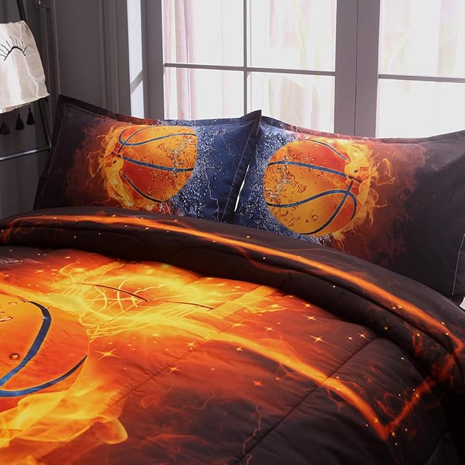 Btargot Twin Basketball and Fire Quilt Set Bedding Sets, 3D Sports Themed Bedding, All-Season Reversible Quilted Duvet, for Children Boy Girl Teen Kids - includes 1 Comforter, 2 Pillow Sham - LeafyLoom