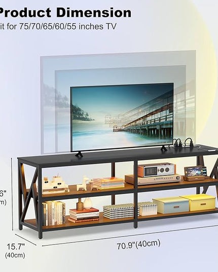 Lvifur LED TV Stand for 65 70 75 inch TV, Auto Sensor Entertainment Center with RGB Dimmable Lights, TV Console Table with Open Storage Shelves and Metal Frame (Black) - LeafyLoom