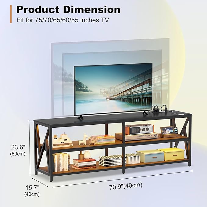 Lvifur LED TV Stand for 65 70 75 inch TV, Auto Sensor Entertainment Center with RGB Dimmable Lights, TV Console Table with Open Storage Shelves and Metal Frame (Black) - LeafyLoom