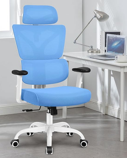 Office Chair Ergonomic Desk Chair, High Back Gaming Chair, Big and Tall Reclining chair Comfy Home Office Desk Chair Lumbar Support Breathable Mesh Computer Chair Adjustable Armrests(Sky Blue) - LeafyLoom