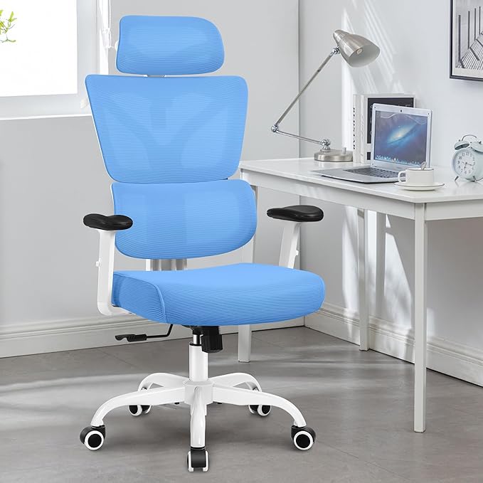 Office Chair Ergonomic Desk Chair, High Back Gaming Chair, Big and Tall Reclining chair Comfy Home Office Desk Chair Lumbar Support Breathable Mesh Computer Chair Adjustable Armrests(Sky Blue) - LeafyLoom