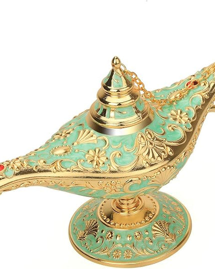 Classic Aladding Magic Genie Lamp Legend Wishing Light Costume Lamp Metal Carved Cone Incense Burner for Home Tabletop Decoration Party Birthday Halloween Christmas(Light Jade Green) - LeafyLoom