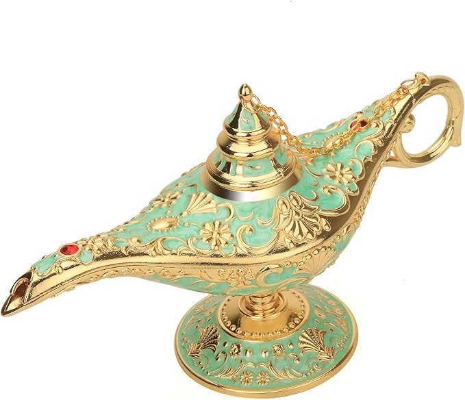 Classic Aladding Magic Genie Lamp Legend Wishing Light Costume Lamp Metal Carved Cone Incense Burner for Home Tabletop Decoration Party Birthday Halloween Christmas(Light Jade Green) - LeafyLoom
