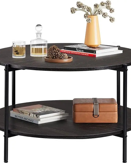 WLIVE Round Coffee Table, Rustic 2-Tier Circle Coffee Table with Open Storage Shelf, Industrial 32.6" Wood Round Center Table for Living Room, Bedroom, Home Office, Charcoal Black - LeafyLoom