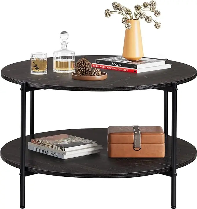 WLIVE Round Coffee Table, Rustic 2-Tier Circle Coffee Table with Open Storage Shelf, Industrial 32.6" Wood Round Center Table for Living Room, Bedroom, Home Office, Charcoal Black - LeafyLoom