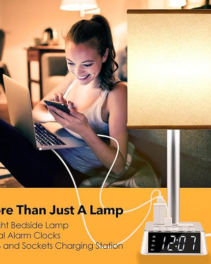 Table Lamp Bedside Lamp with 4 USB Ports and AC Power Outlets, Alarm Clock Base w/ 5Ft Extension Cord, Square Oatmeal Fabric Lampshade Modern Accent Nightstand Lamps for Bedrooms Living Room - LeafyLoom