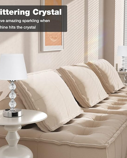 Bedside Lamps for Bedrooms Set of 2 - Crystal Nightstand Bedroom Lamp with Two USB Charging Port, 3 Way Dimmable Touch Small Bed Side Table Lamp, Silver Night Stand Light for Living/Guest/Dinning Room - LeafyLoom