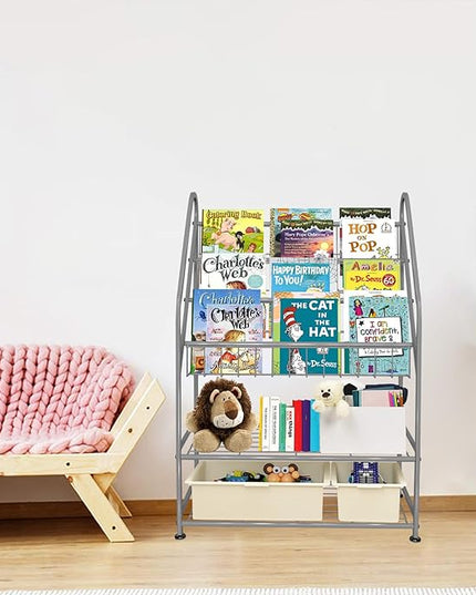 aboxoo Metal Kids Bookshelf Grey Toy Chests & Organizers Large Freestanding for Children Toy Chests & OrganizersRoom 25 in Toy Organizer Large Stable Bookcase Bookstore Library Bed Living Room - LeafyLoom