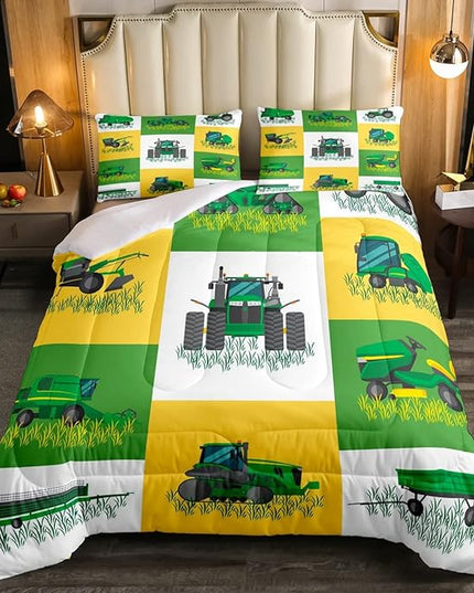 Boys Cartoon Truck Car Down Comforter Twin Size Kids Construction Vehicles Tractor Comforter Set for Kids Children Farm Excavator Bedding Set Construction Site Cars Duvet Set, Green Yellow - LeafyLoom