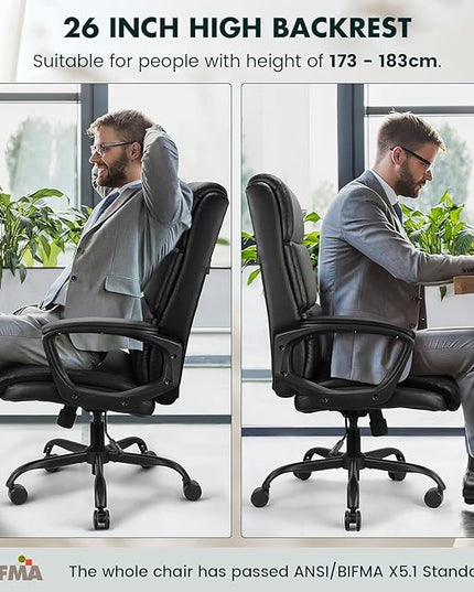 Leather Office Chair, Bonded Leather Executive Computer Chair, High Back Desk Chair with Padded Armrest, Thickened Cushion, Swivel Chair for Home, Meeting, Conference - Black - LeafyLoom