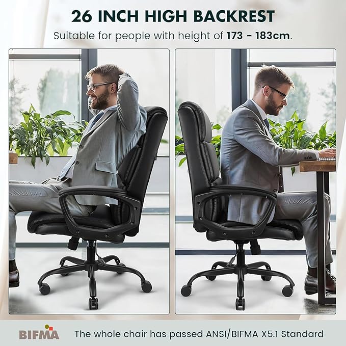 Leather Office Chair, Bonded Leather Executive Computer Chair, High Back Desk Chair with Padded Armrest, Thickened Cushion, Swivel Chair for Home, Meeting, Conference - Black - LeafyLoom