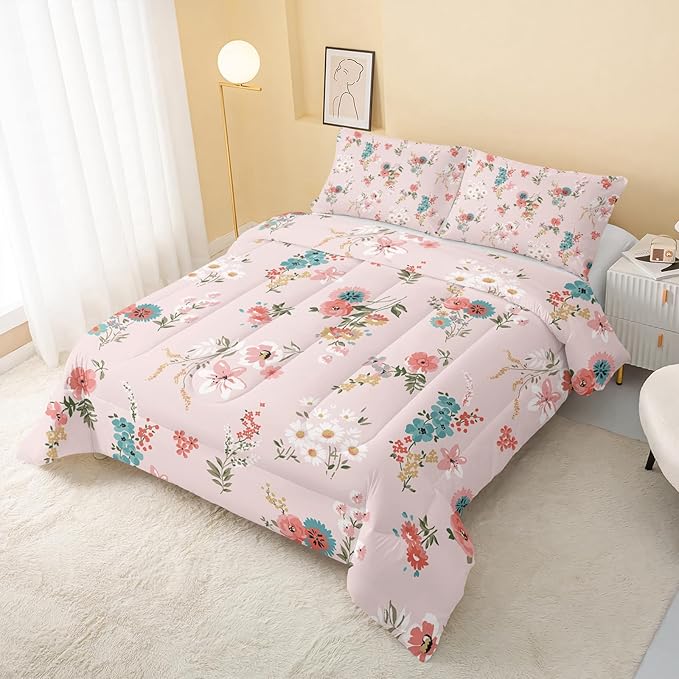 Floral Comforter Full Size,Pink Floral Kids Comforter Set,3Pcs Bedding Set Printed Comforter with 2 Pillowcases,Down Alternative,Soft and Lightweight,for All Seasons - LeafyLoom