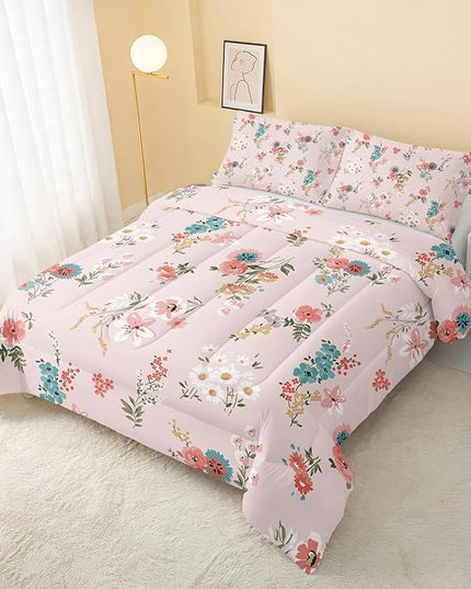 Floral Comforter Twin Size,Pink Floral Kids Comforter Set,3Pcs Bedding Set Printed Comforter with 2 Pillowcases,Down Alternative,Soft and Lightweight,for All Seasons - LeafyLoom