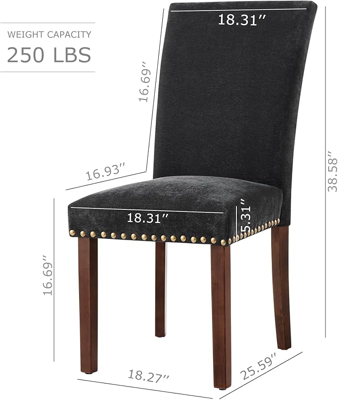 COLAMY Upholstered Parsons Dining Chairs Set of 2, Fabric Dining Room Kitchen Side Chair with Nailhead Trim and Wood Legs - F-Black - LeafyLoom