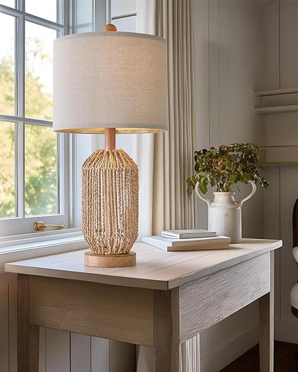 OYEARS 21" Boho Table Lamp for Living Room, Bedside Lamp for Nightstands, Rattan Lamp for Bedroom, Farmhouse Table Lamp for Room Decor, End Table, Retro, Brown, 1 Pack - LeafyLoom