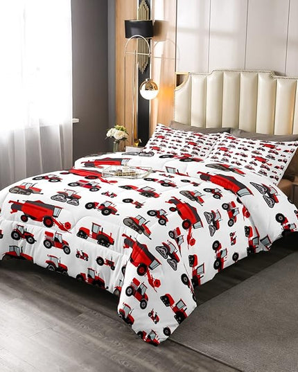 Erosebridal Red Tractor Comforter Set Full Size Heavy Equipment Truck Down Comforter Kids Boys Girls Teens Harvester Tractor Bedding Set Construction Excavator Farm Equipment Quilt Set - LeafyLoom