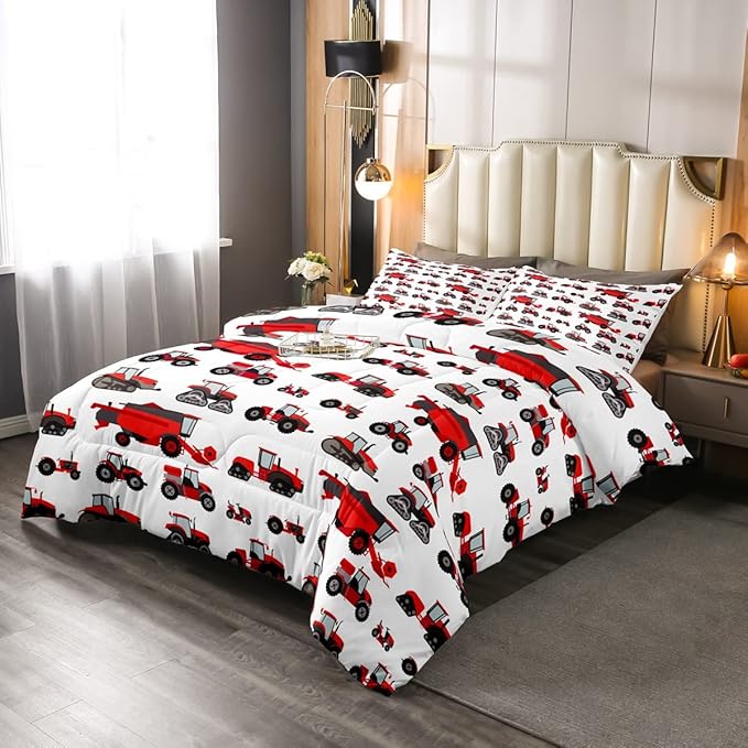 Erosebridal Red Tractor Comforter Set Full Size Heavy Equipment Truck Down Comforter Kids Boys Girls Teens Harvester Tractor Bedding Set Construction Excavator Farm Equipment Quilt Set - LeafyLoom