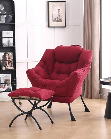 LITA Lazy Chair with Ottoman, Modern Accent Leisure Upholstered Sofa Chair, Contemporary Lounge Reading Chair with Armrests and a Side Pocket for Living Room, Bedroom & Small Space, Burgundy - LeafyLoom