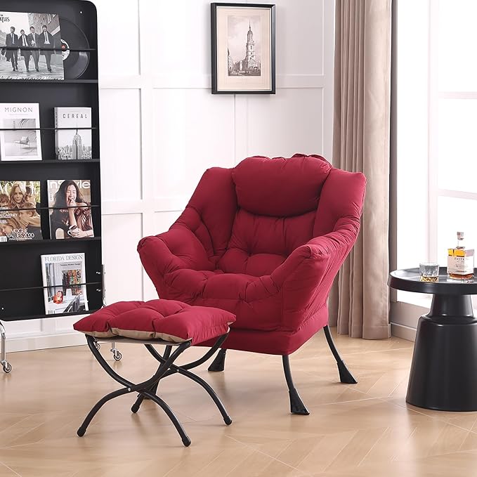 LITA Lazy Chair with Ottoman, Modern Accent Leisure Upholstered Sofa Chair, Contemporary Lounge Reading Chair with Armrests and a Side Pocket for Living Room, Bedroom & Small Space, Burgundy - LeafyLoom