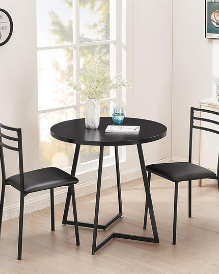 VECELO 3 Piece Kitchen Dining Room Set, Wood Round Table for Breakfast Nook Small Space, Dinette with 2 Cushioned Chairs, Matte Black - LeafyLoom