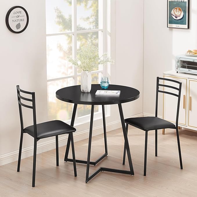 VECELO 3 Piece Kitchen Dining Room Set, Wood Round Table for Breakfast Nook Small Space, Dinette with 2 Cushioned Chairs, Matte Black - LeafyLoom