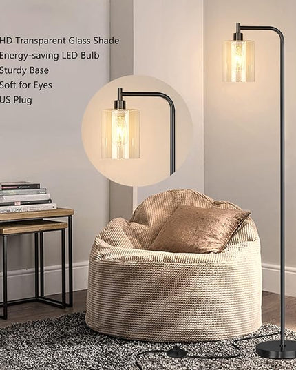 QiMH Industrial Floor Lamp for Living Room, Modern Standing Lamp with HD Glass Lampshade and Pedal Switch, 67” Tall Pole Light for Bedroom Study Room, Black (2700K LED Bulb Included) - LeafyLoom