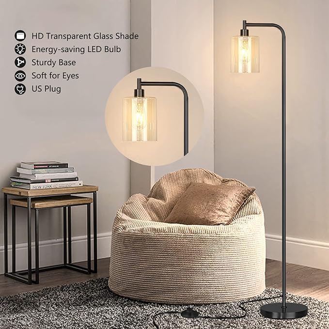 QiMH Industrial Floor Lamp for Living Room, Modern Standing Lamp with HD Glass Lampshade and Pedal Switch, 67” Tall Pole Light for Bedroom Study Room, Black (2700K LED Bulb Included) - LeafyLoom