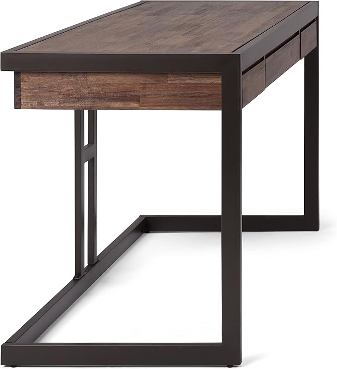 SIMPLIHOME Erina SOLID ACACIA WOOD Industrial 60 Inch Wide Writing Office Desk in Rustic Natural Aged Brown, For the Workstation and Study Table - LeafyLoom